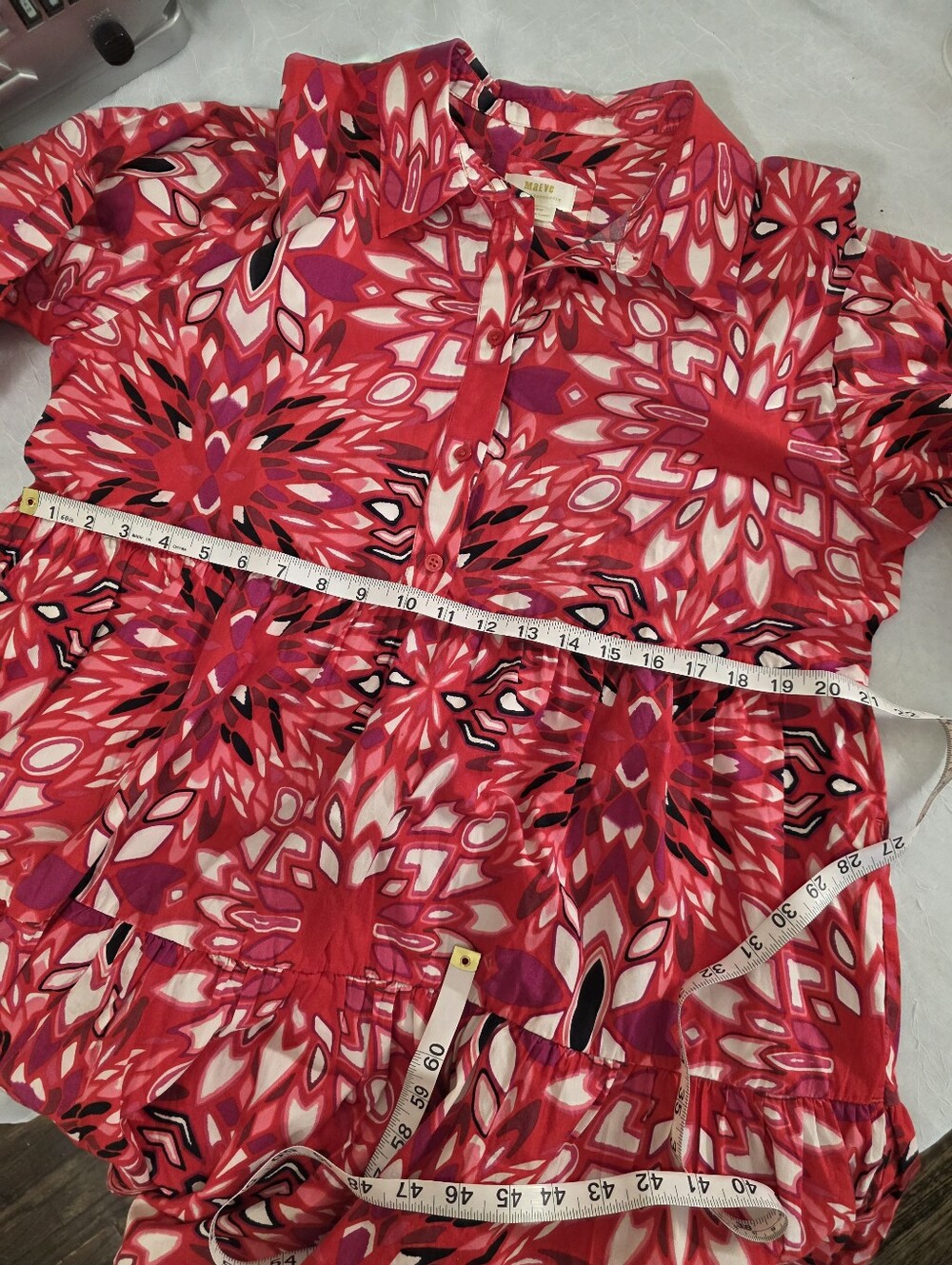 Maeve Anthropologie Bettina Tiered Shirt Dress Womens LARGE Red Pink Floral - Picture 9 of 11